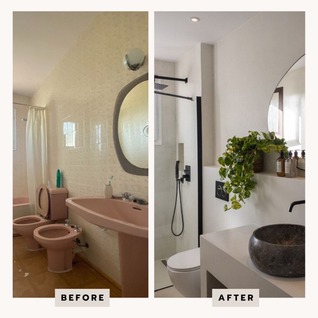 Voor- en na foto van de badkamer van een vakantiewoning op IBiza