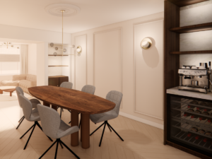 Ontwerp voor renovatie van een Eetkamer in jaren 30 woning met maatwerk kastenwand
