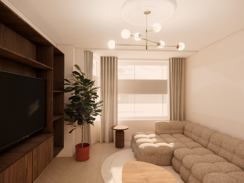 Realistisch ontwerp van woonkamer voor renovatie van een jaren 30 woning met maatwerkkast en zithoek